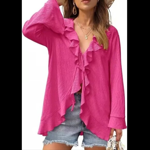 Ruffled Tie Front Hot Pink Cardigan Coverup Long Sleeve Shirt NEW Size XL - Picture 1 of 3